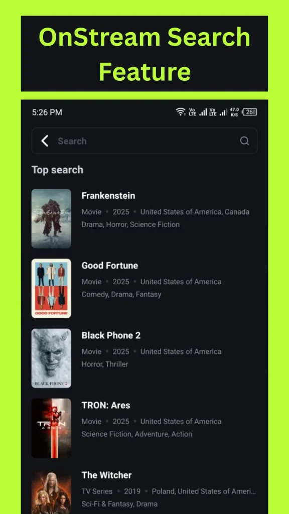 OnStream APK Free Download v1.2.0 On Android (Official) 2026 6 OnStream Search Feature